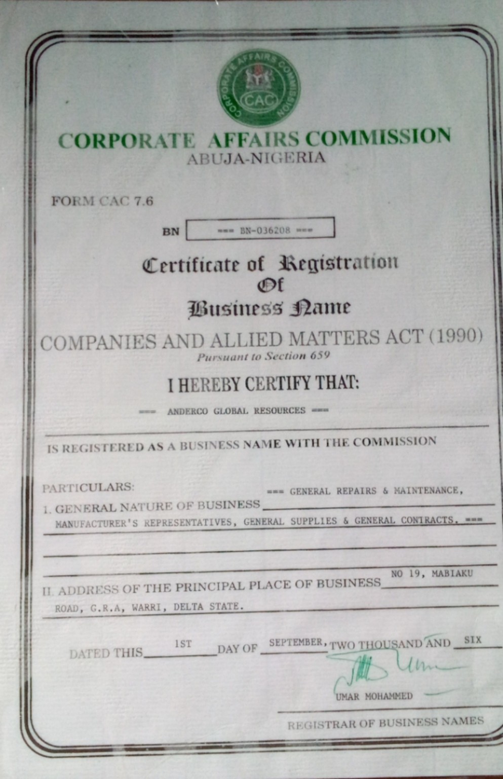 Corporate Affairs Commission Certificate of Registration for Anderco Global Resources